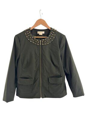 Michael Kors Army Green Beaded Studded Neckline Jacket Pockets Size 1X Blazer